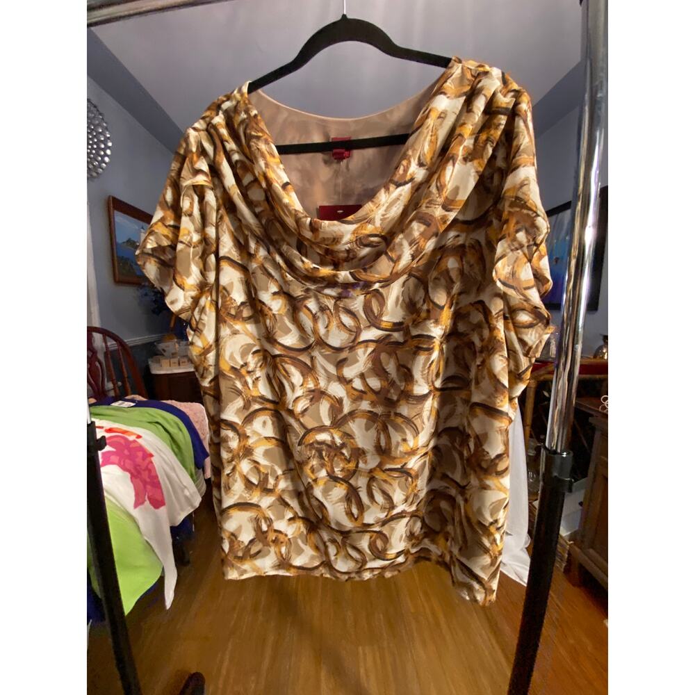 Women's 212 Collection 3X NWT Cowl Neck Chiffon-like Blouse, shades of brown blk